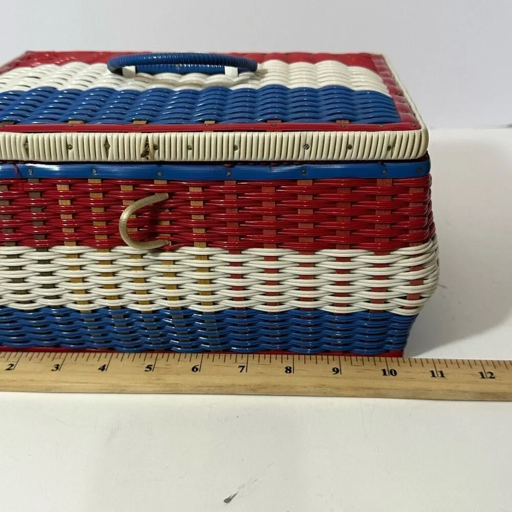 Vintage Red/White/Blue Sewing Basket with Satin Lining